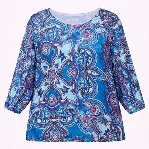 Chico's Blue and Pink Paisley Knit Blouse Size 4 or XXL Plus Casual Colorful